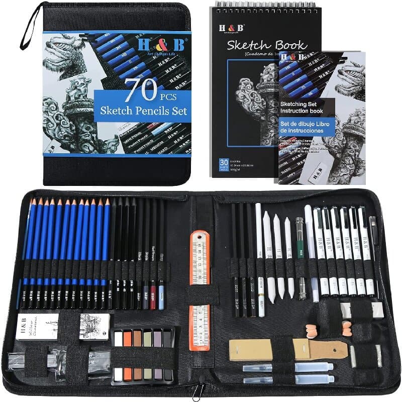 Conjunto de desenho profissional de 70 peças para iniciantes - Kit completo incluindo pincéis artísticos