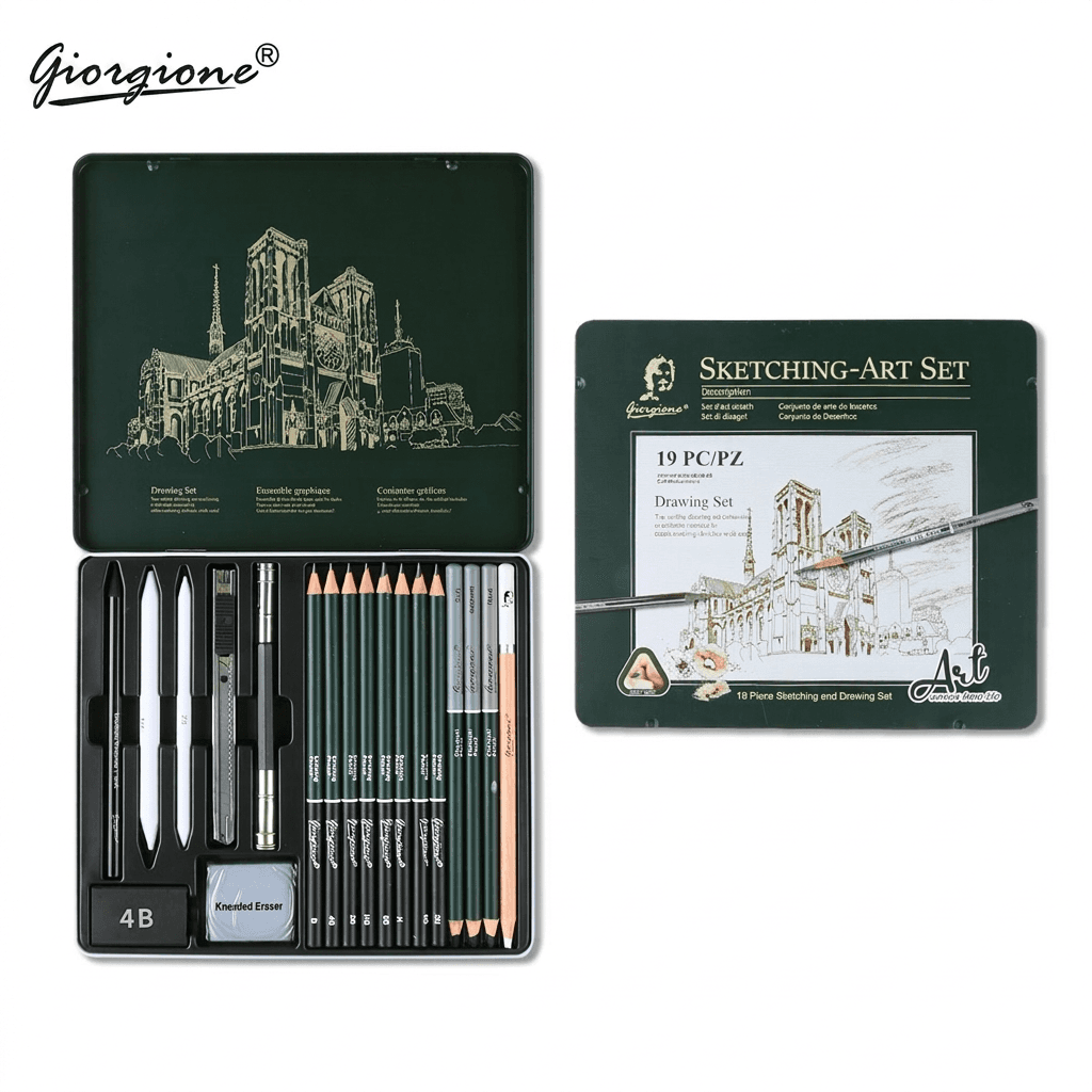 Conjunto de Lápis de Desenho Giorgione com Estojo Metálico e Lápis Coloridos, 19 Peças