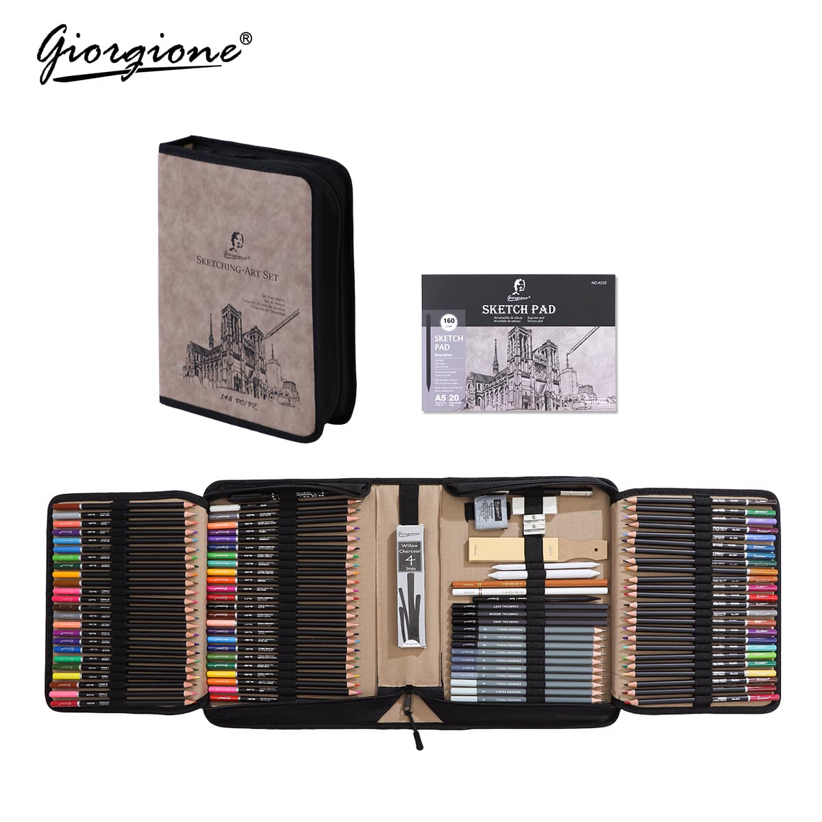 Conjunto de Lápis de Carvão Profissional Giorgione com 148 Peças para Desenho e Esboço, Kit de Lápis de Grafite com Acessórios